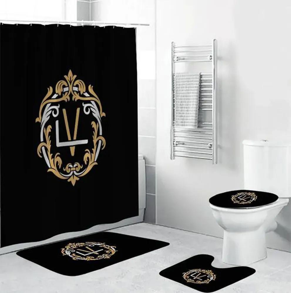 Louis vuitton logo black fashion luxury brand premium bathroom set home decor Bathroom Set