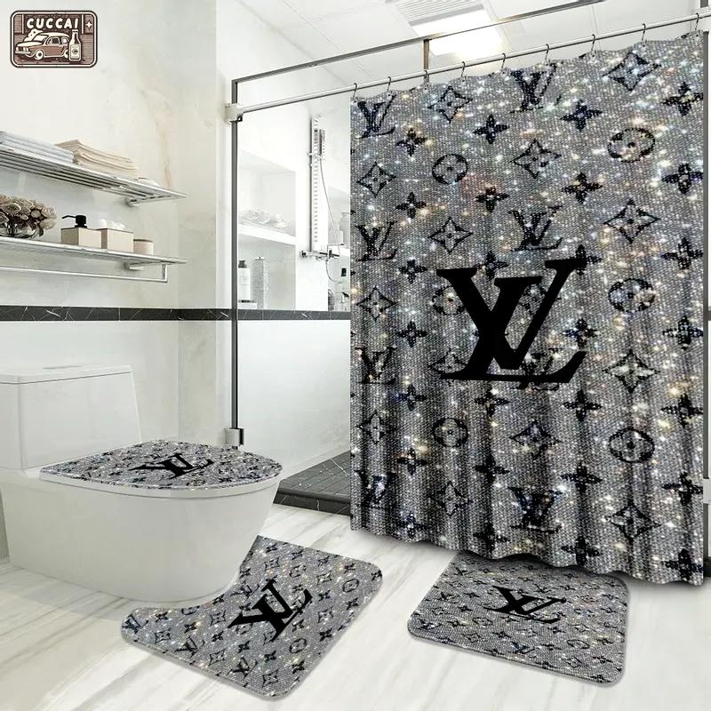 Louis vuitton logo type 1102 Bathroom Accessory Sets Waterproof Shower Curtain Bathroom Sets Hypebeast Bathroom Toilet Cover Bath Mat Set Home Decor Pedestal Rug Luxury Fashion Brand