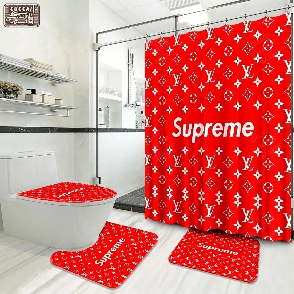 Louis vuitton logo type 613 Bathroom Accessory Sets Bath Mat Set Hypebeast Bathroom Pedestal Rug Waterproof Shower Curtain Luxury Fashion Brand Home Decor Bathroom Sets Toilet Cover