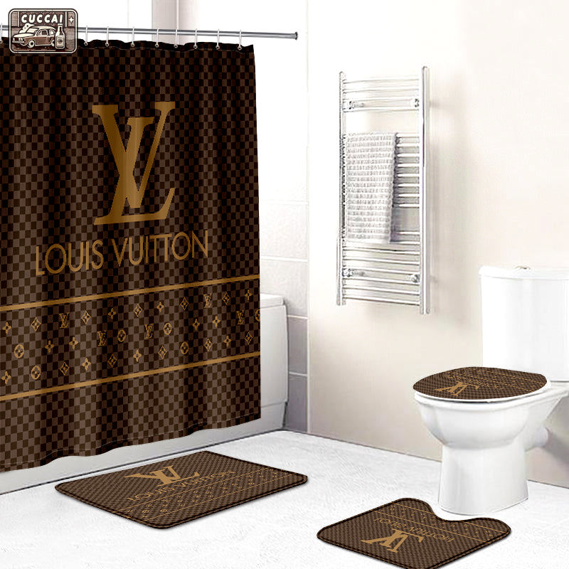 Louis vuitton lv brown logo type 1888 Bathroom Accessory Sets Bath Mat Set Toilet Cover Luxury Fashion Brand Waterproof Shower Curtain Home Decor Pedestal Rug Hypebeast Bathroom Bathroom Sets