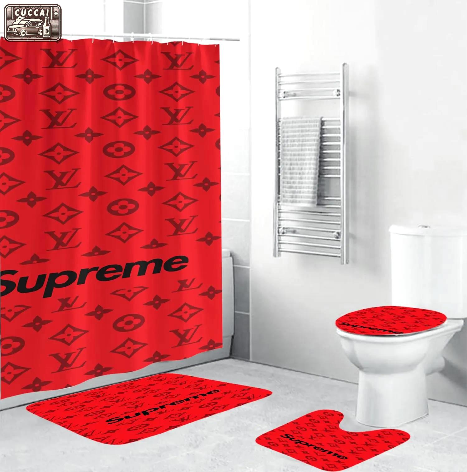 Louis vuitton lv louis vuitton supreme in red monogram background bathroom set luxury fashion brand bath mat home decor hypebeast Bathroom Set