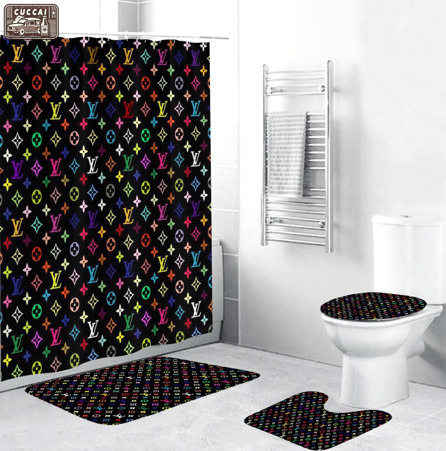 Louis vuitton lv multicolor logo type 1861 Bathroom Accessory Sets Toilet Cover Luxury Fashion Brand Bathroom Sets Bath Mat Set Hypebeast Bathroom Home Decor Waterproof Shower Curtain Pedestal Rug