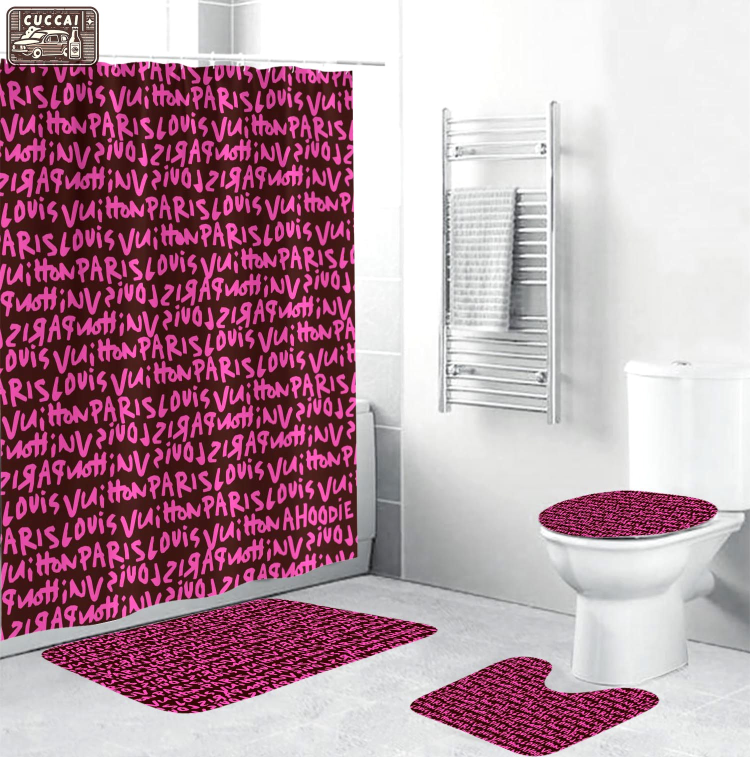 Louis vuitton lv pink logo type 1583 Bathroom Accessory Sets Waterproof Shower Curtain Toilet Cover Bath Mat Set Home Decor Luxury Fashion Brand Bathroom Sets Pedestal Rug Hypebeast Bathroom