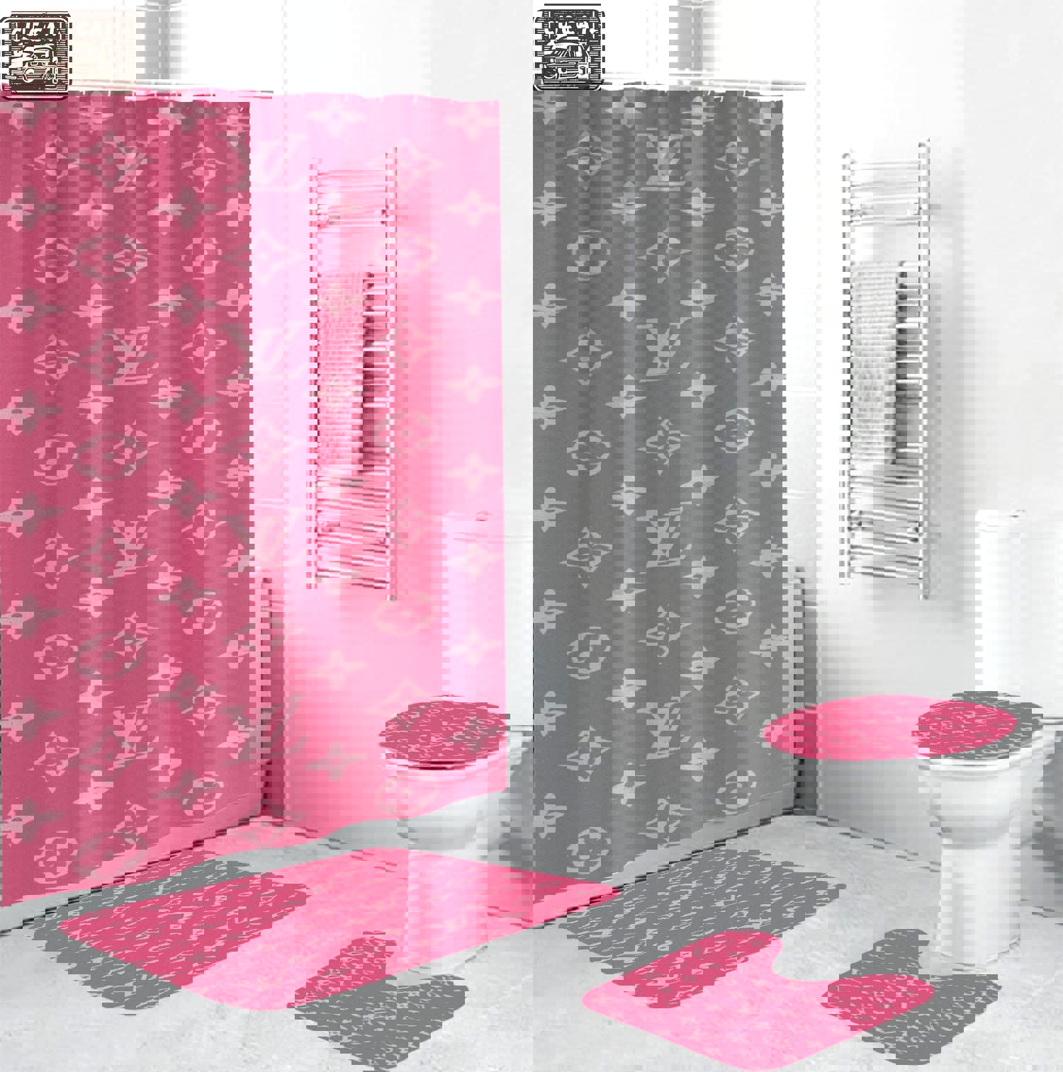 Louis vuitton lv pink logo type 1863 Bathroom Accessory Sets Hypebeast Bathroom Waterproof Shower Curtain Pedestal Rug Bathroom Sets Toilet Cover Bath Mat Set Home Decor Luxury Fashion Brand