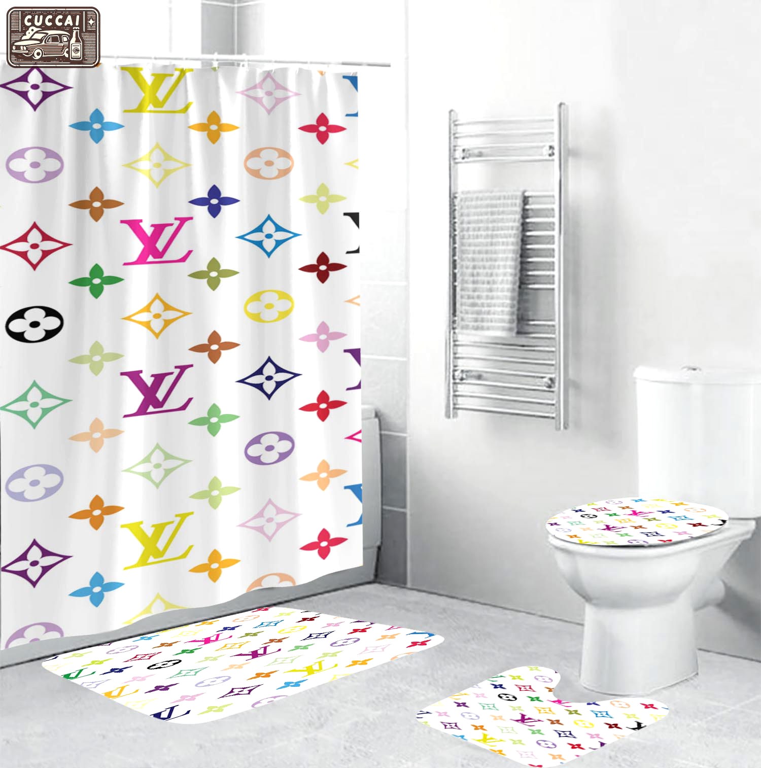 Louis vuitton lv white logo type 1868 Bathroom Accessory Sets Bathroom Sets Toilet Cover Hypebeast Bathroom Bath Mat Set Waterproof Shower Curtain Pedestal Rug Home Decor Luxury Fashion Brand