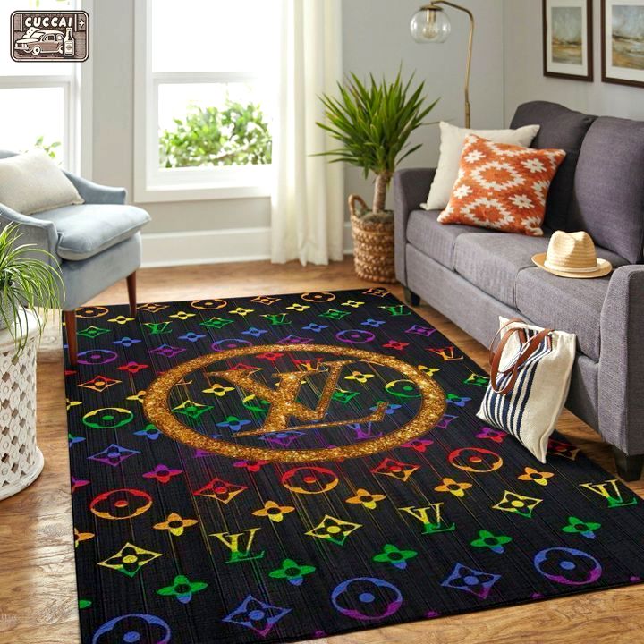 Louis vuitton paris colorful logo type 674. Upgrade Your Living Room with Luxury Home Decor: Area Carpets, Floor Decor, Door Mats, and Hot Gift Items with style a High-End Fashion Brand Rectangle Rug