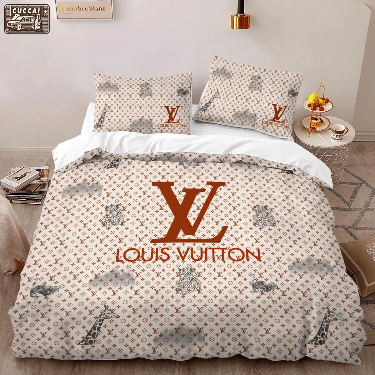 Louis vuitton red logo luxury brand high-end bedding sets lv, bedroom decor , thanksgiving decorations for home best luxury bed sets gift thankgivings and christmas Bedding Sets