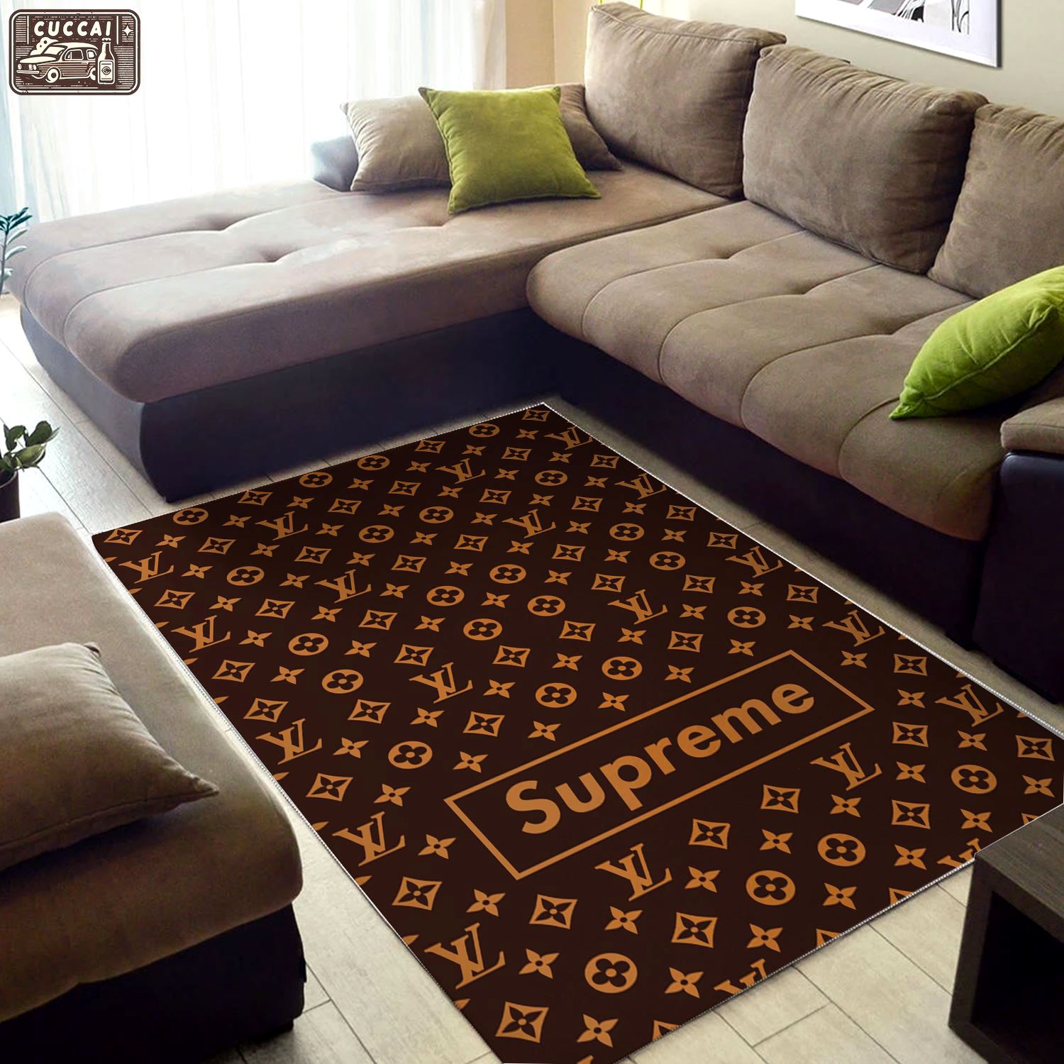 Louis vuitton supreme brown logo type 635. Upgrade Your Living Room with Luxury Home Decor: Area Carpets, Floor Decor, Door Mats, and Hot Gift Items with style a High-End Fashion Brand Rectangle Rug