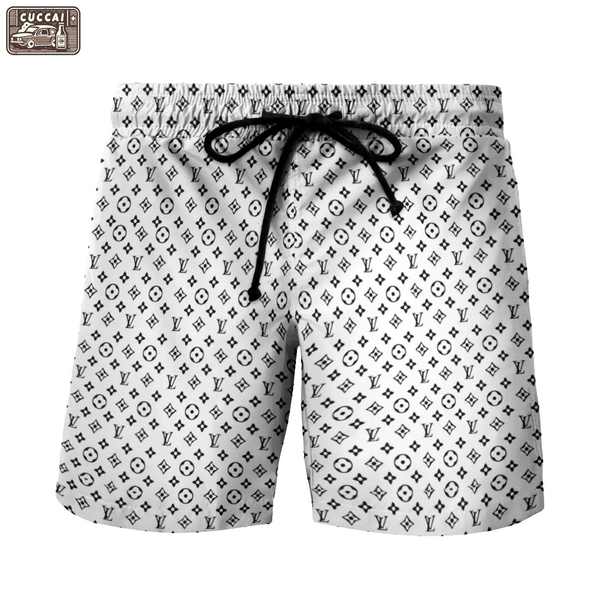 Louis vuitton white black logo pattern beach shorts swim trunks 163 Shorts For Ment