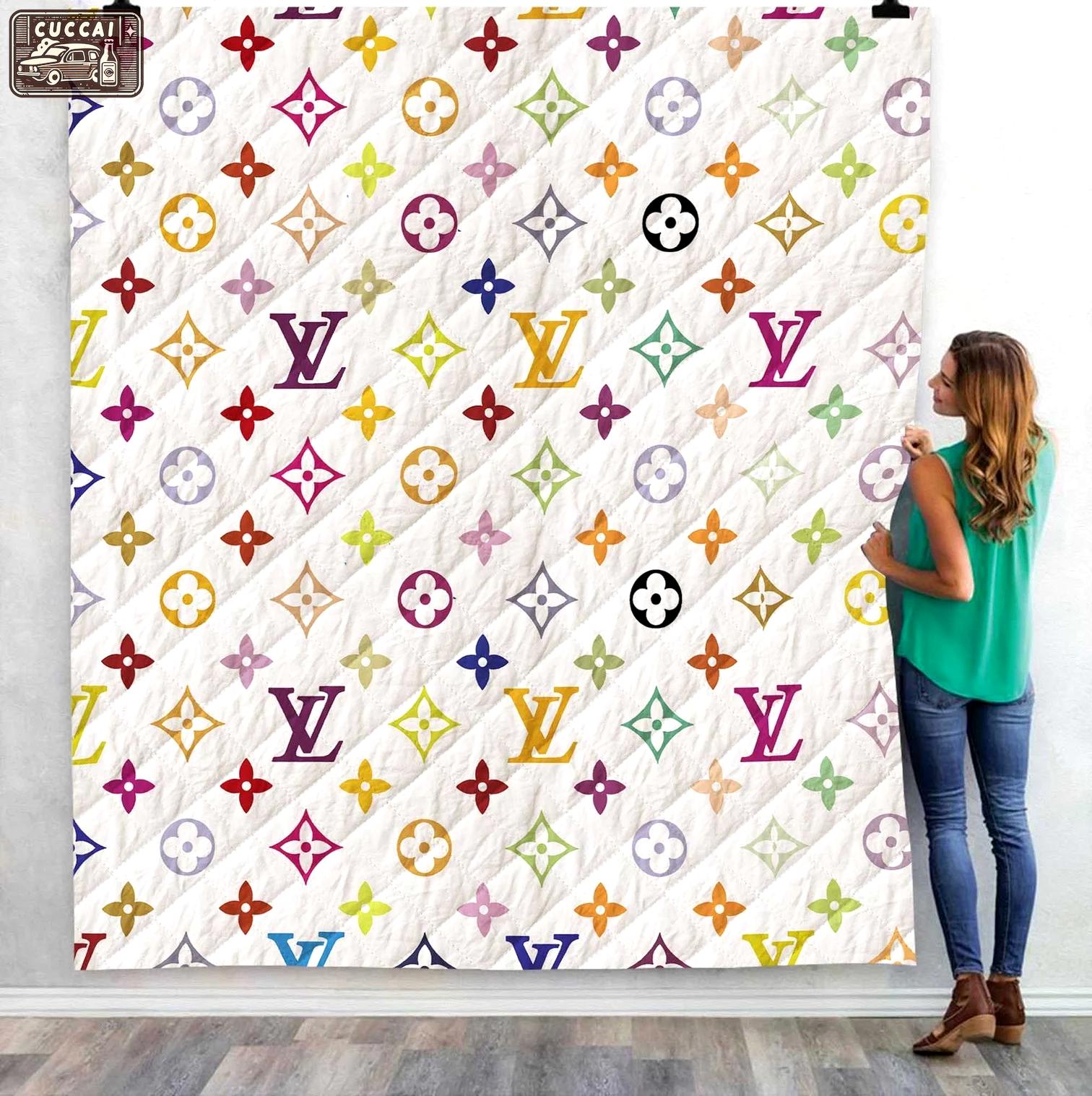 Louis vuitton white colorful quilt blanket fleece home decor 234 Blanket Fleece