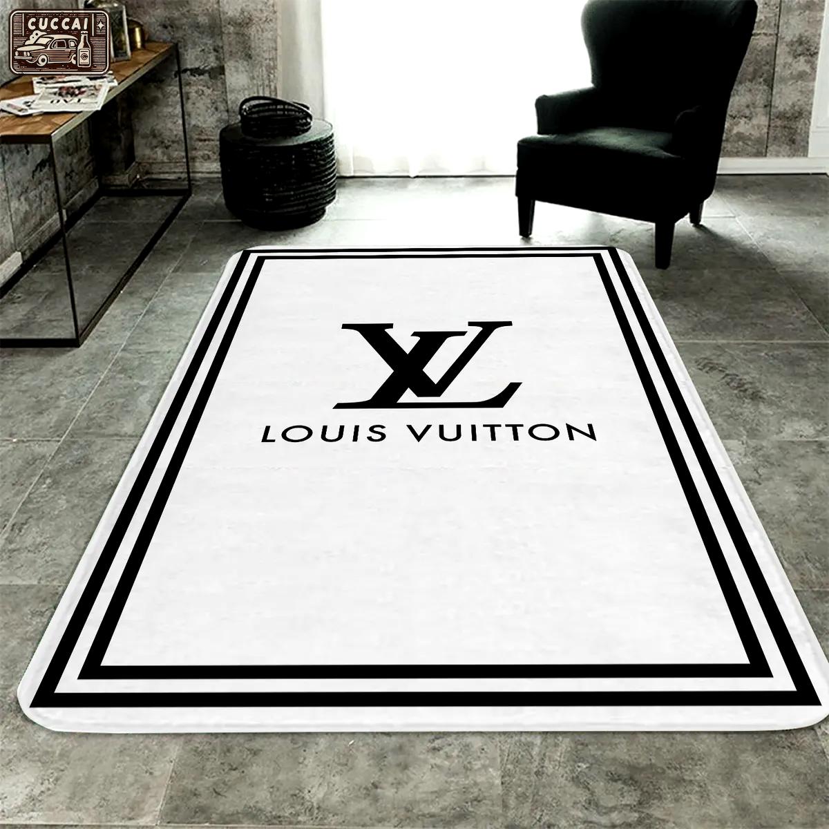 Louis vuitton white logo type 495. Upgrade Your Living Room with Luxury Home Decor: Area Carpets, Floor Decor, Door Mats, and Hot Gift Items with style a High-End Fashion Brand Rectangle Rug