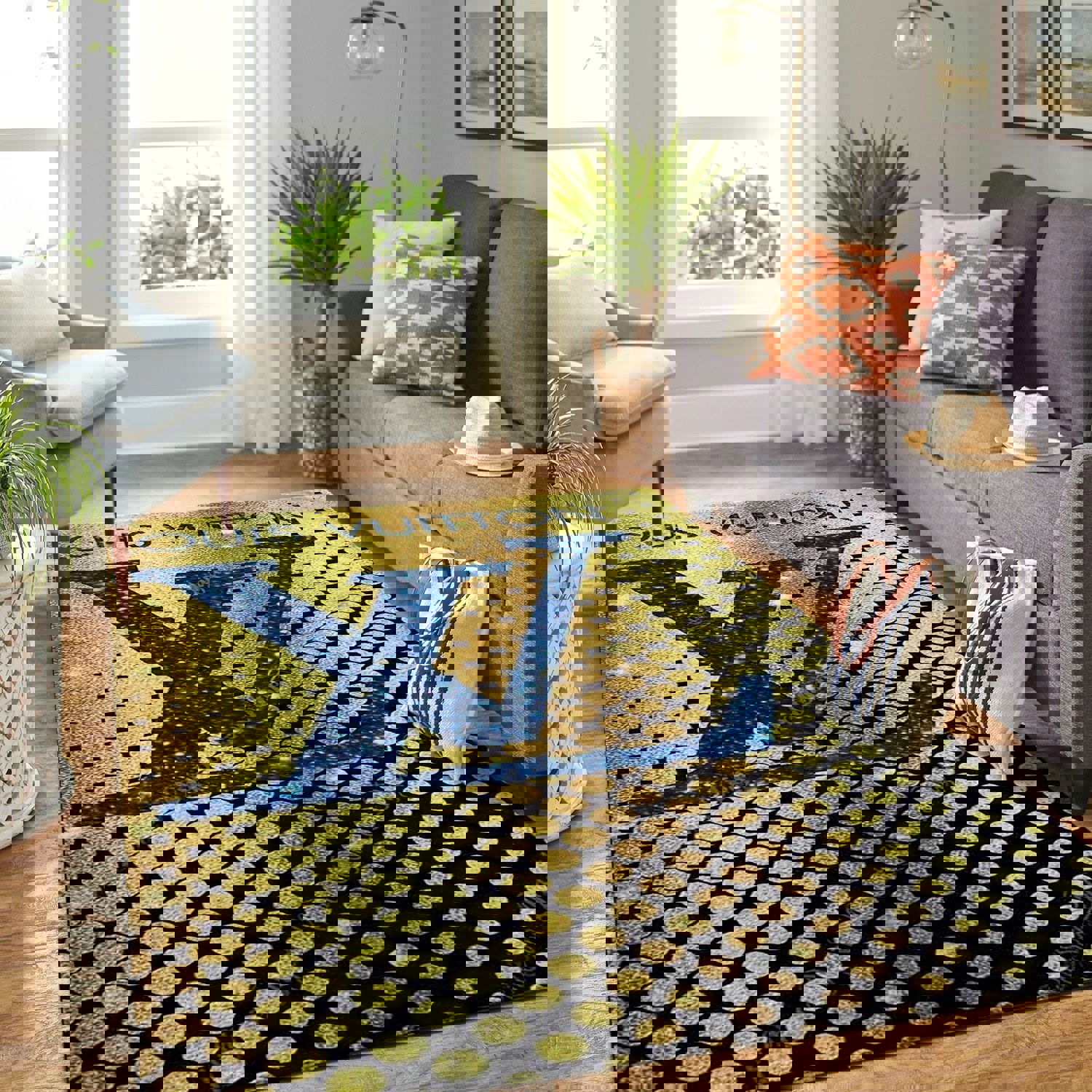 Louis vuitton yellow blue logo type 654. Upgrade Your Living Room with Luxury Home Decor: Area Carpets, Floor Decor, Door Mats, and Hot Gift Items with style a High-End Fashion Brand Rectangle Rug