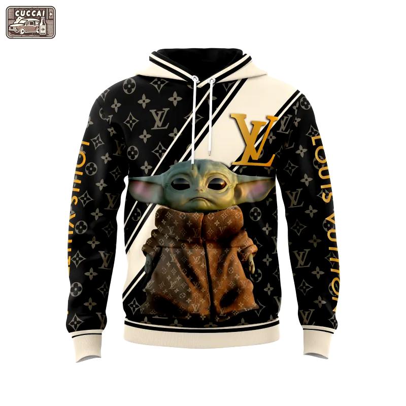 Louis vuitton yoda beige black unisex hoodie outfit for men women luxury brand clothing special gift Hoodie 3D