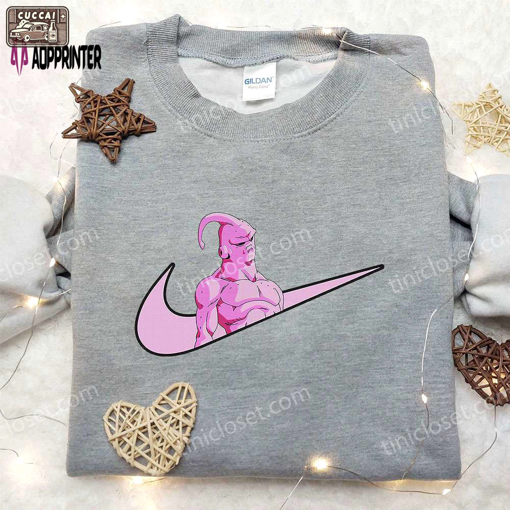 Majin buu x nike swoosh anime hoodie & dragon ball embroidered shirt nike inspired apparel Embroidered Shirt