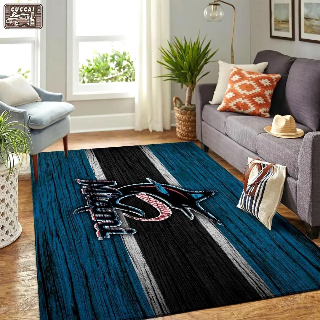 Miami marlins wooden area rug mlb team logo carpet living room rugs v3675 Rectangle Rug