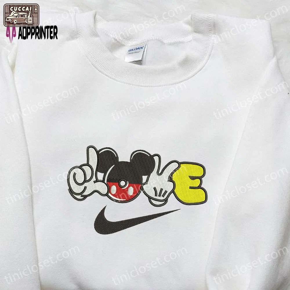 Mickey mouse love x nike embroidered hoodie & nike inspired shirt: best valentine s day gift ideas Embroidered Shirt