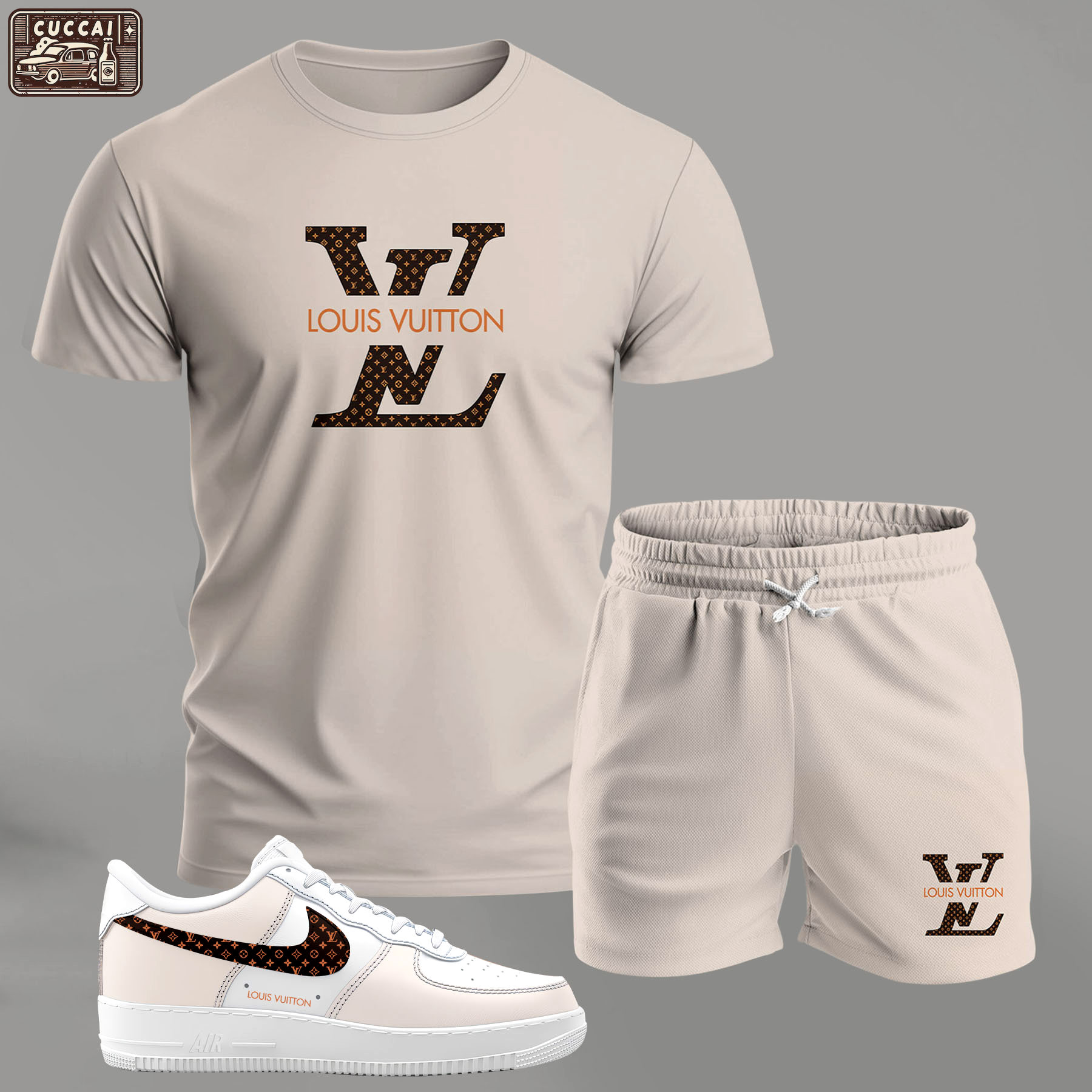 Minimal beige monogram set for men, clean luxury logo t-shirt and shorts combo with matching sneakers T-Shirt Short Sneakers Set