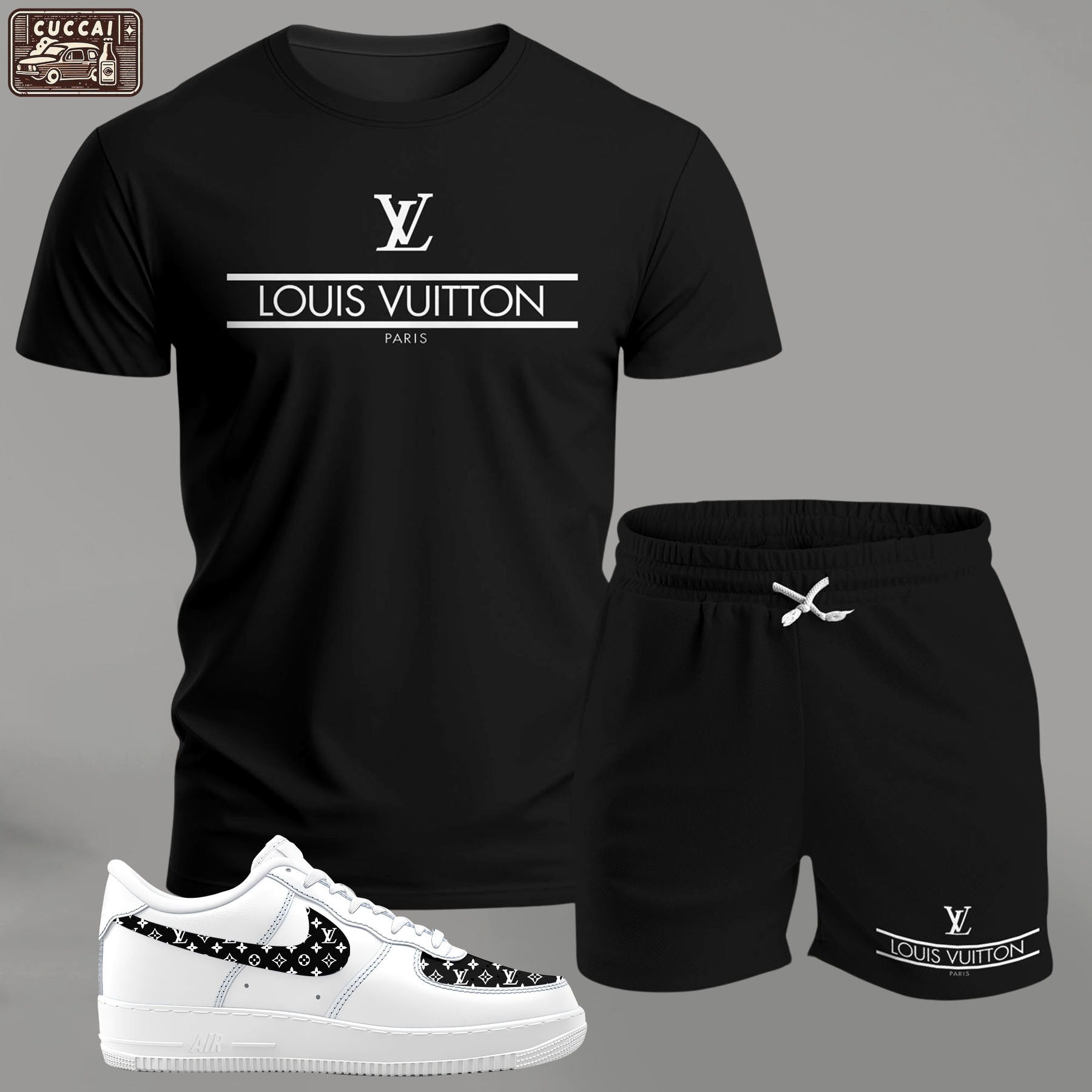 Minimal black logo set for men, clean typography t-shirt and shorts combo with monochrome sneakers T-Shirt Short Sneakers Set