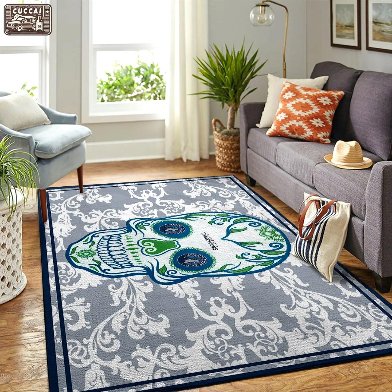 Minnesota timberwolves nba skull flower style living room rug regtangle carpet Rectangle Rug