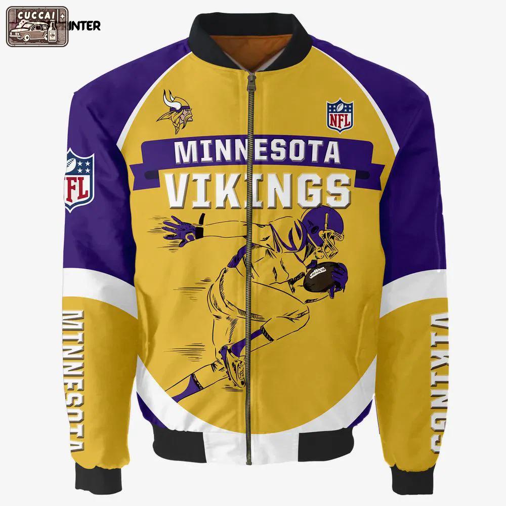 Minnesota vikings team logo pattern bomber jacket – yellow and purple Bomber Jacket