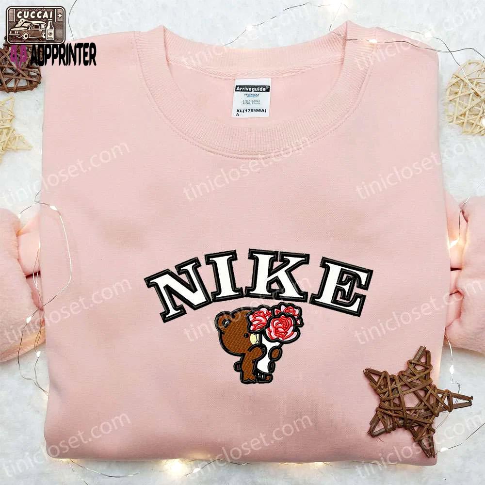 Mocha bear flower x nike cartoon embroidered shirt: best nike inspired birthday gift Embroidered Shirt