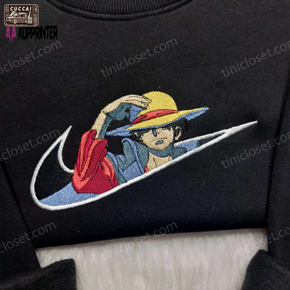 Monkey d luffy embroidered shirt one piece hoodie & custom nike swoosh sweatshirt: unique anime inspired clothing Embroidered Shirt
