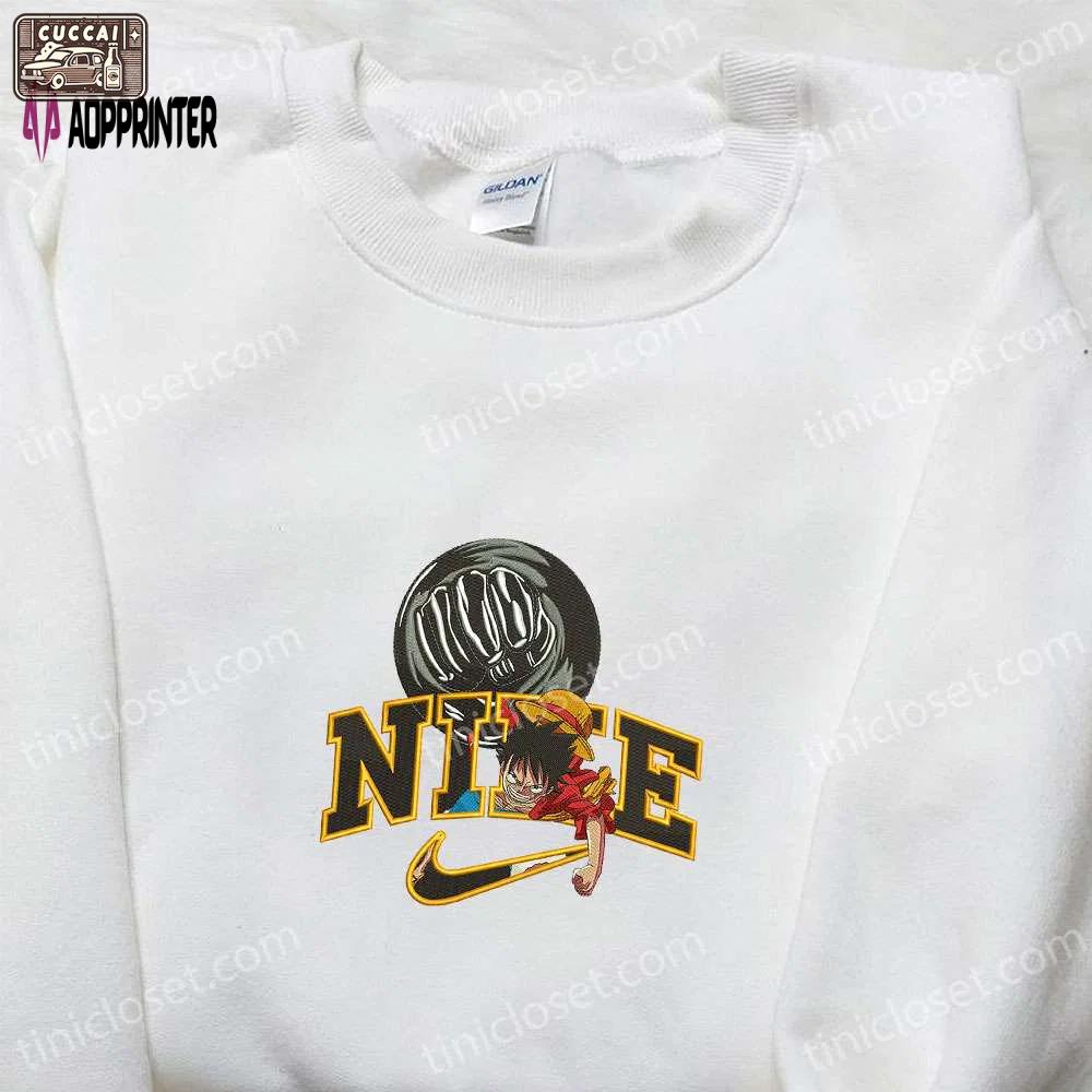 Monkey d luffy gear 3 x nike swoosh anime hoodie: one piece & nike inspired embroidered shirts Embroidered Shirt
