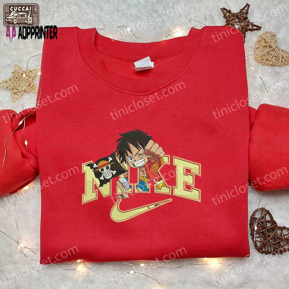 Monkey d luffy kid x nike anime embroidered hoodie & shirt: one piece inspired nike swoosh apparel Embroidered Shirt