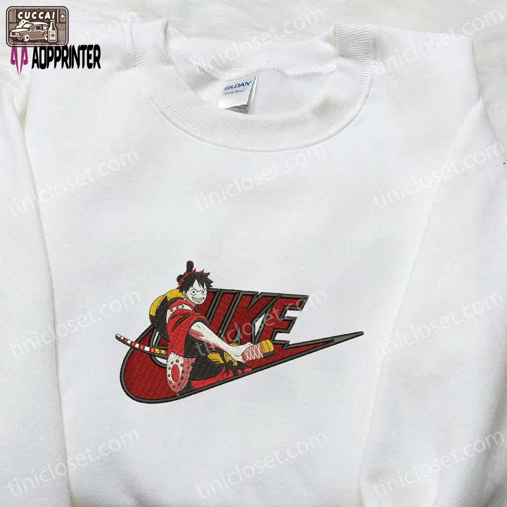 Monkey d luffy wano arc x nike embroidered anime tshirt – one piece & nike inspired shirt Embroidered Shirt