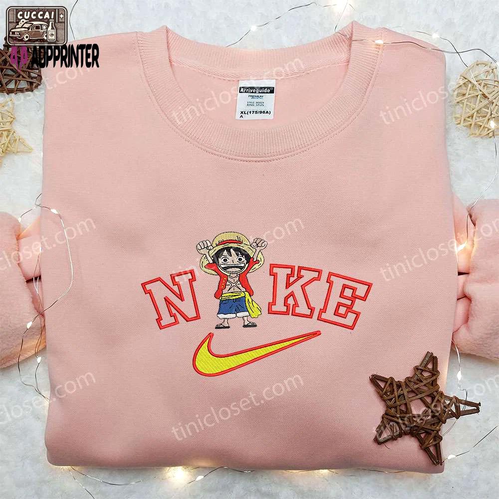 Monkey d luffy x nike embroidered hoodie & one piece shirt: unique nike inspired apparel Embroidered Shirt