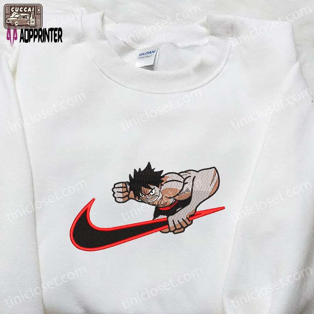 Monkey d luffy x nike swoosh anime embroidered sweatshirt: one piece & nike inspired shirt Embroidered Shirt