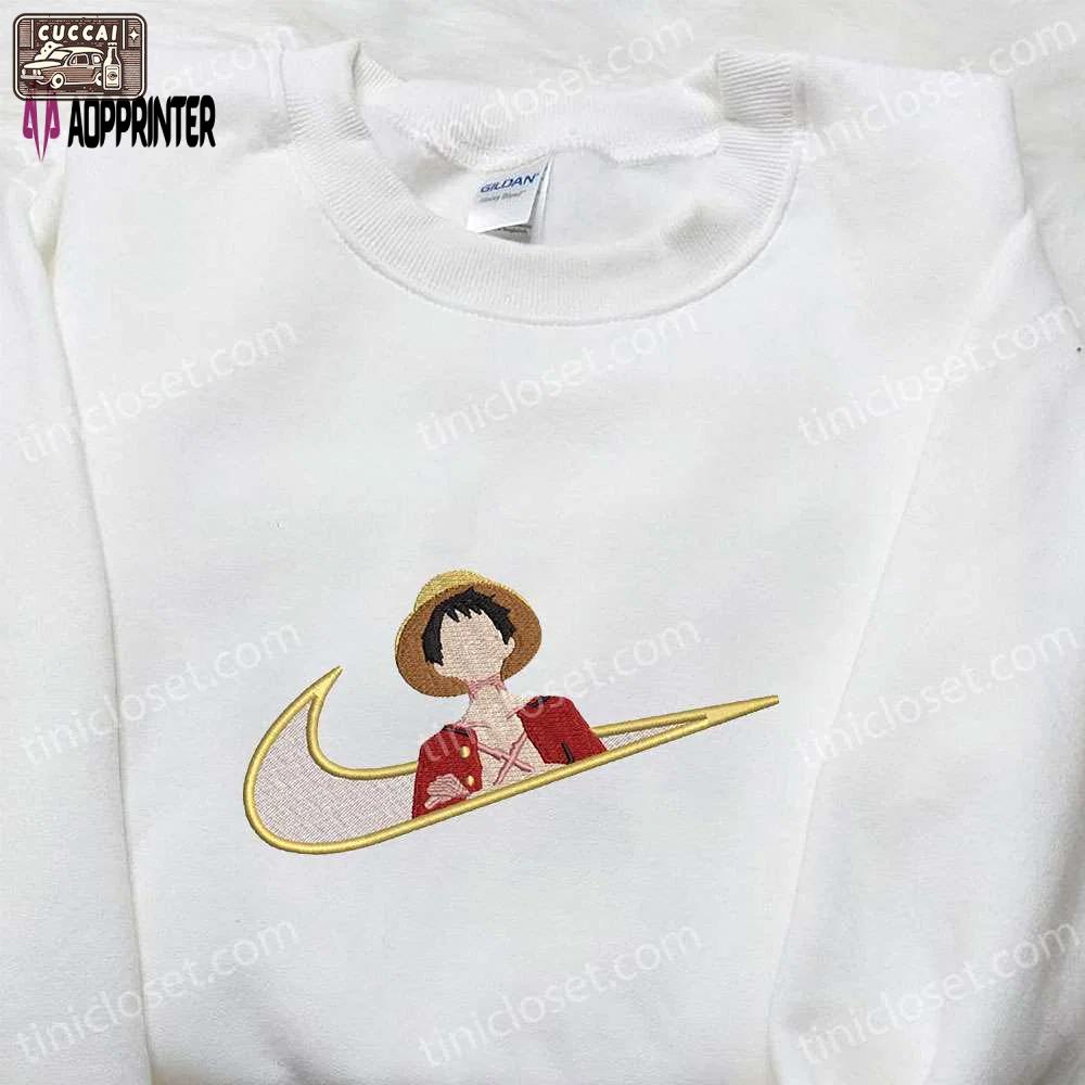 Monkey d luffy x nike swoosh anime embroidered tshirt – one piece & nike inspired shirt Embroidered Shirt