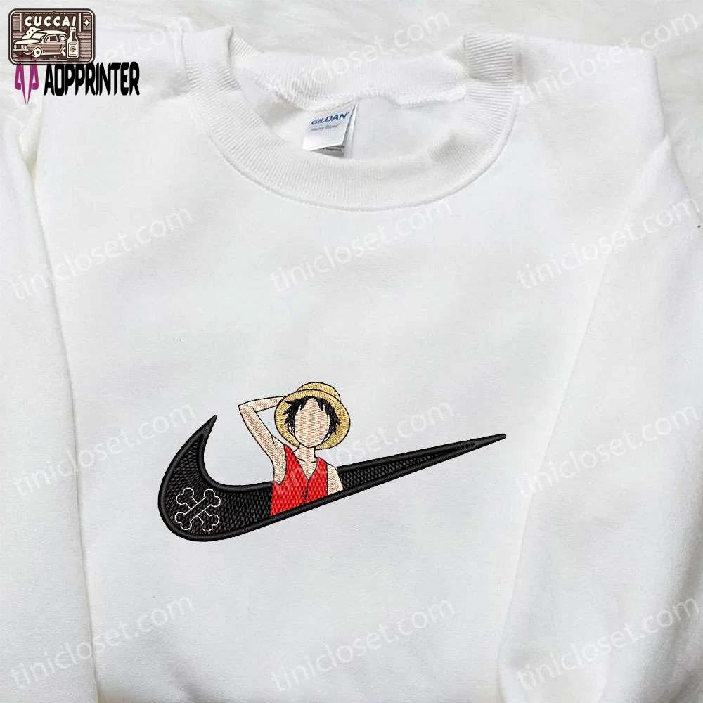 Monkey d luffy x nike swoosh embroidered anime tshirt: one piece & nike inspired shirt Embroidered Shirt