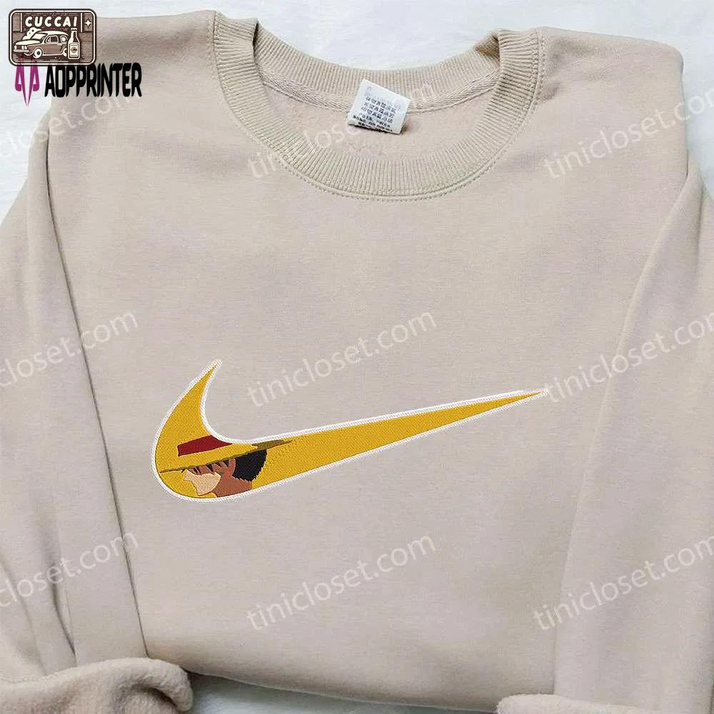 Monkey d luffy x nike swoosh hoodie: anime embroidered one piece & nike inspired shirt Embroidered Shirt