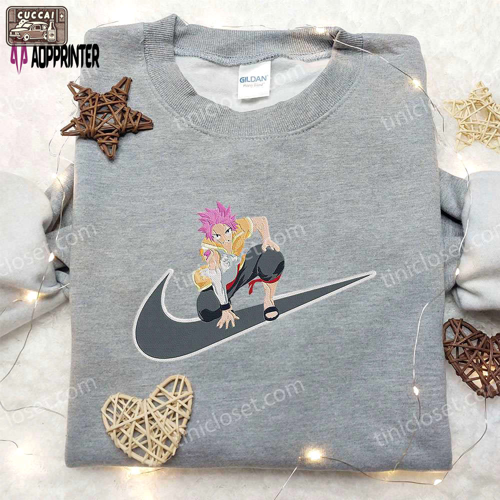 Natsu dragneel x nike swoosh anime embroidered hoodie & fairy tail shirt: nike inspired apparel Embroidered Shirt