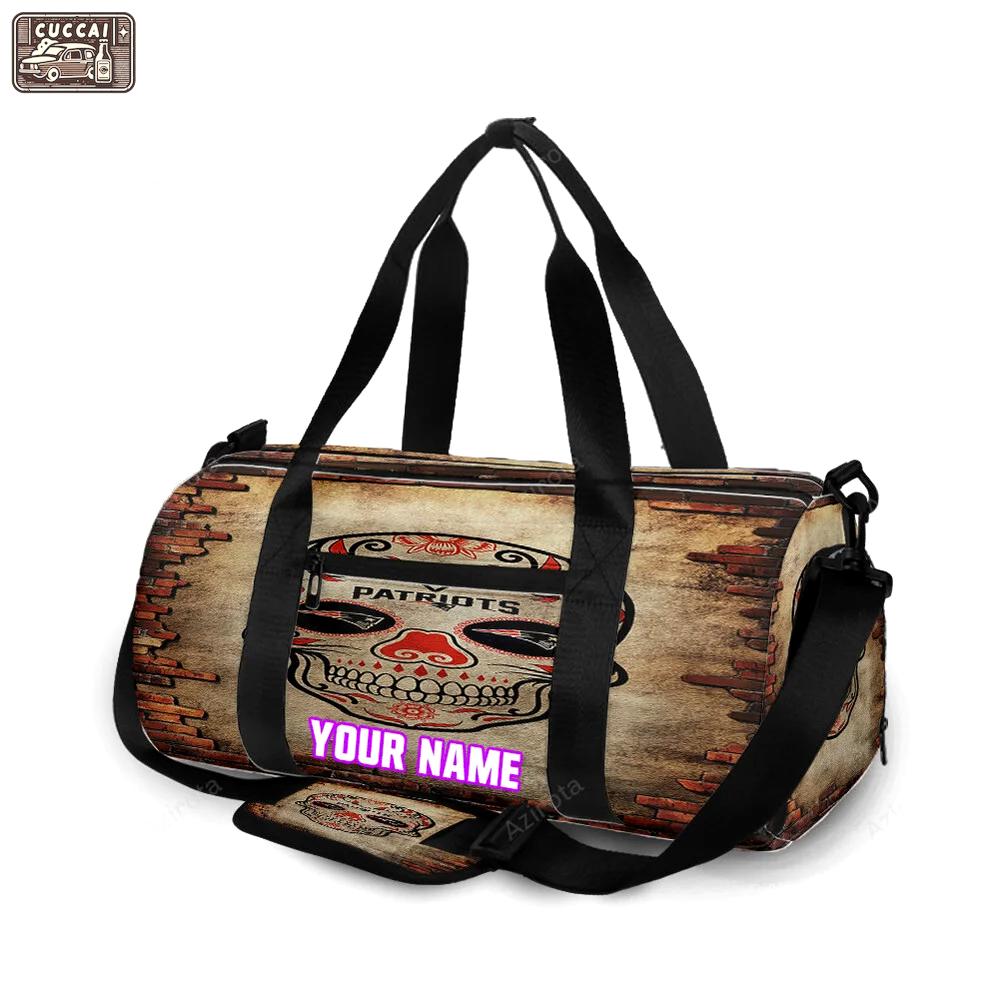 New england patriots skull flowers brick wall personalized name travel bag gym bag 2039 Travel Bag
