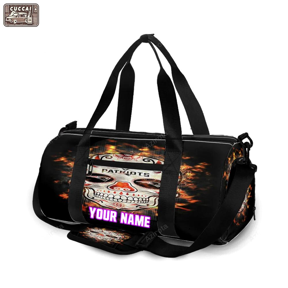 New england patriots skull flowers fire personalized name travel bag gym bag 54 Travel Bag