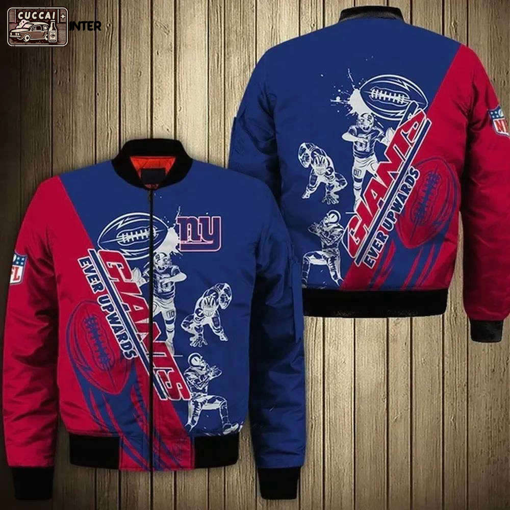 New york giants players pattern bomber jacket – red and blue Bomber Jacket