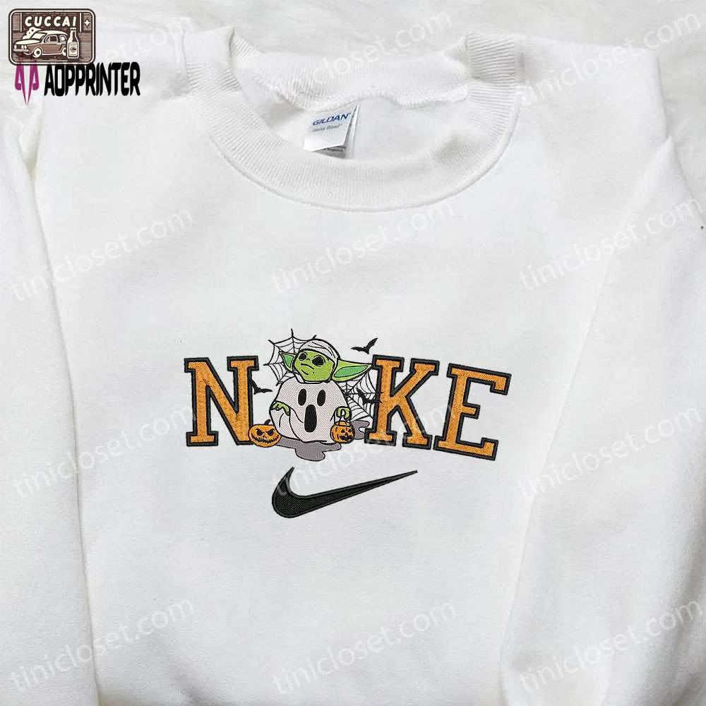 Nike x baby yoda halloween pumpkin embroidered shirt: spooky nike inspired halloween shirt Embroidered Shirt