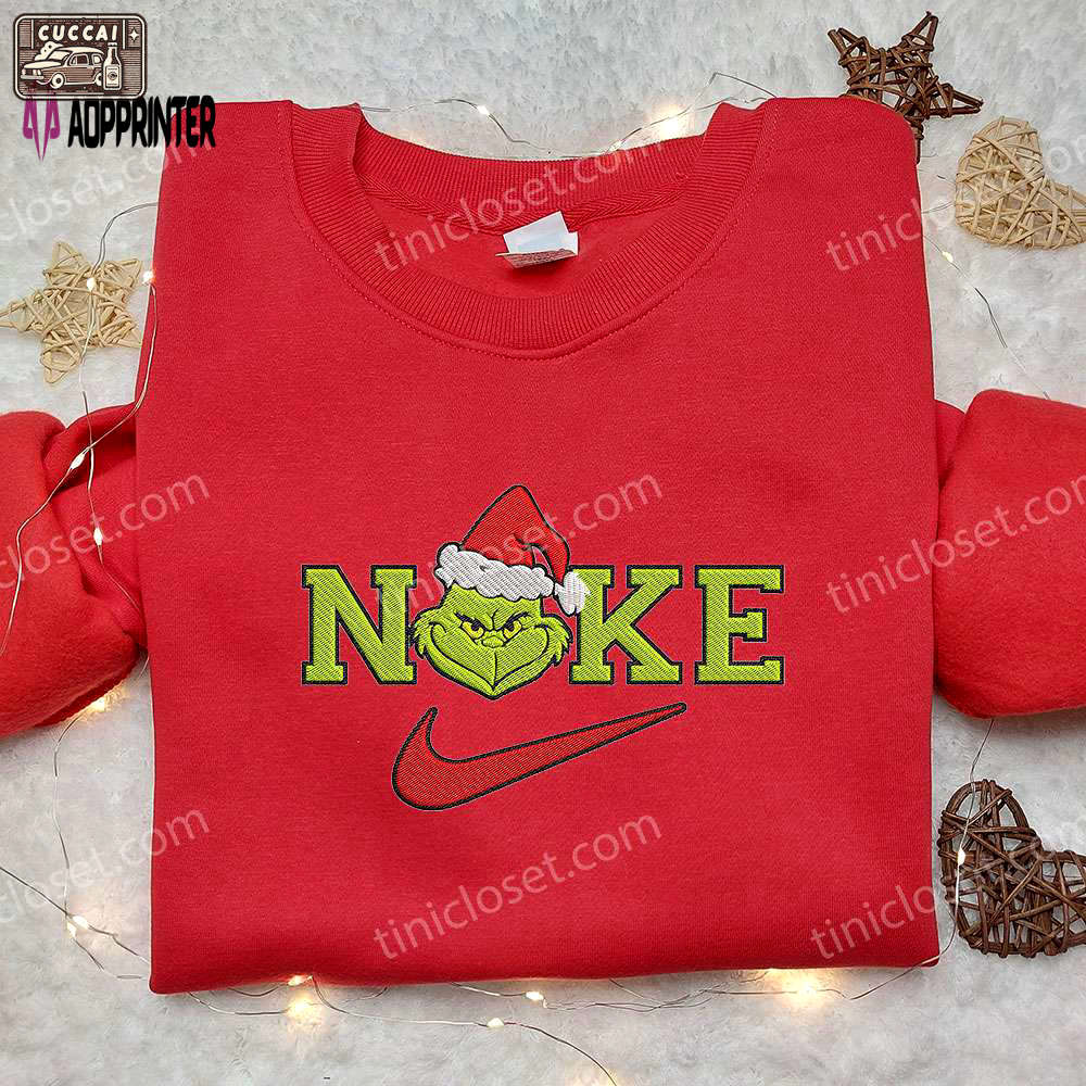 Nike x grinch christmas hat shirt: festive embroidery & best gift for holidays! Embroidered Shirt