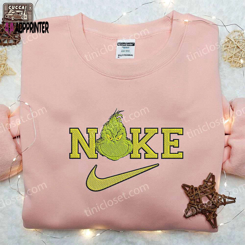 Nike x grinch head embroidered shirt – custom holiday apparel for nike fans Embroidered Shirt
