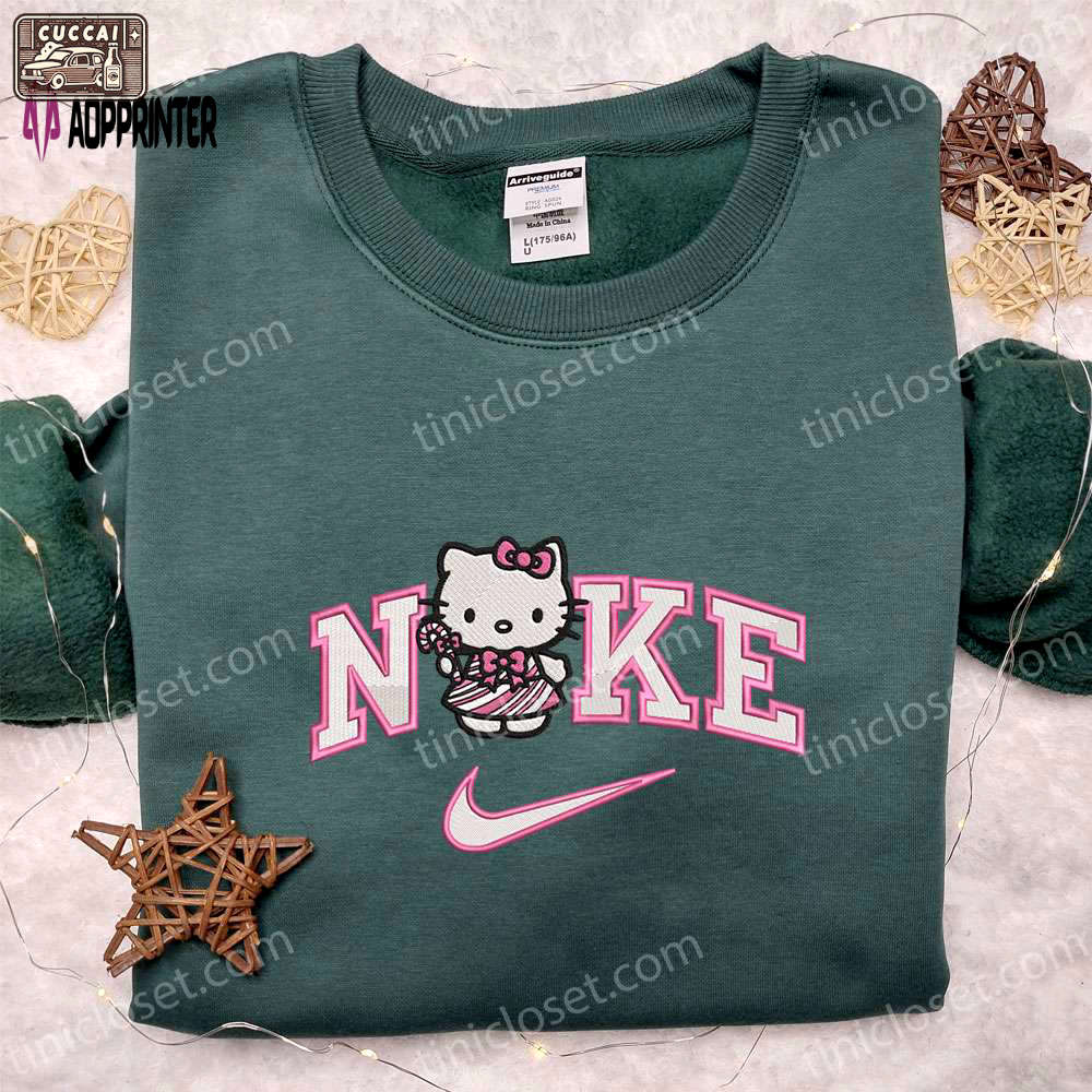 Nike x hello kitty pink candy cane shirt & hoodie: cartoon embroidery for christmas gift ideas Embroidered Shirt