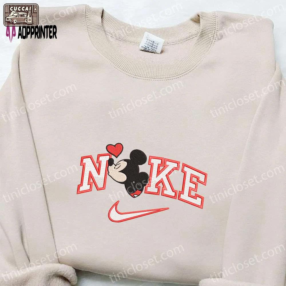 Nike x mickey kiss heart shirt & disney characters hoodie: best valentine s day gift ideas Embroidered Shirt