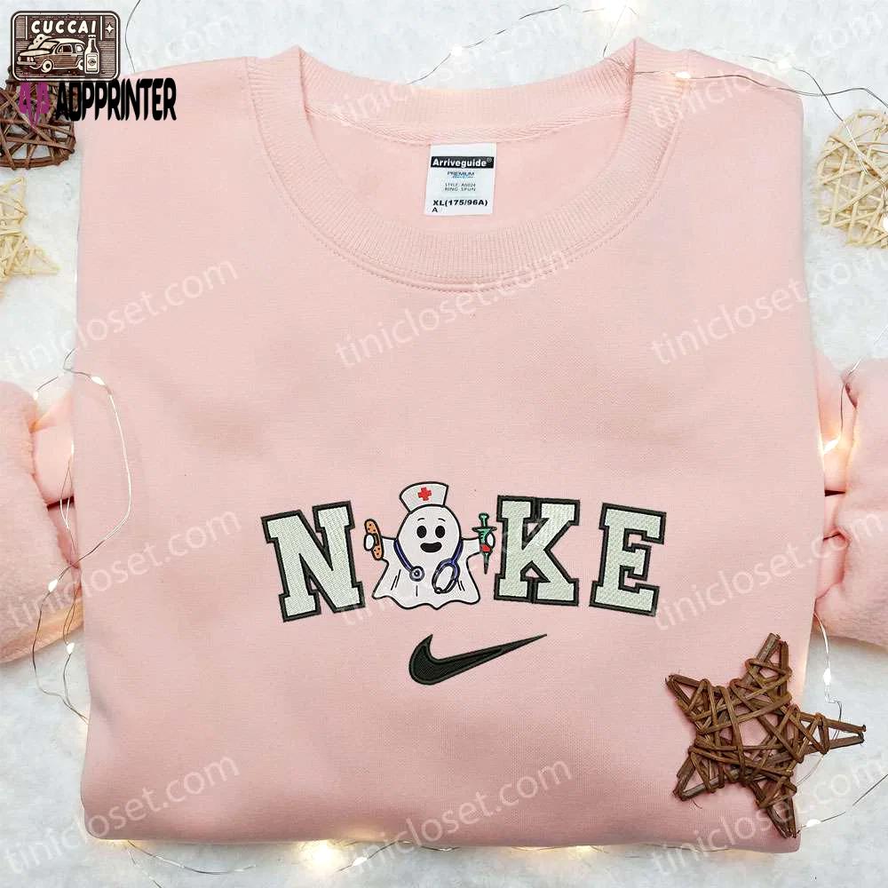 Nike x nurse ghost embroidered shirt: cute halloween gift for halloween lovers Embroidered Shirt