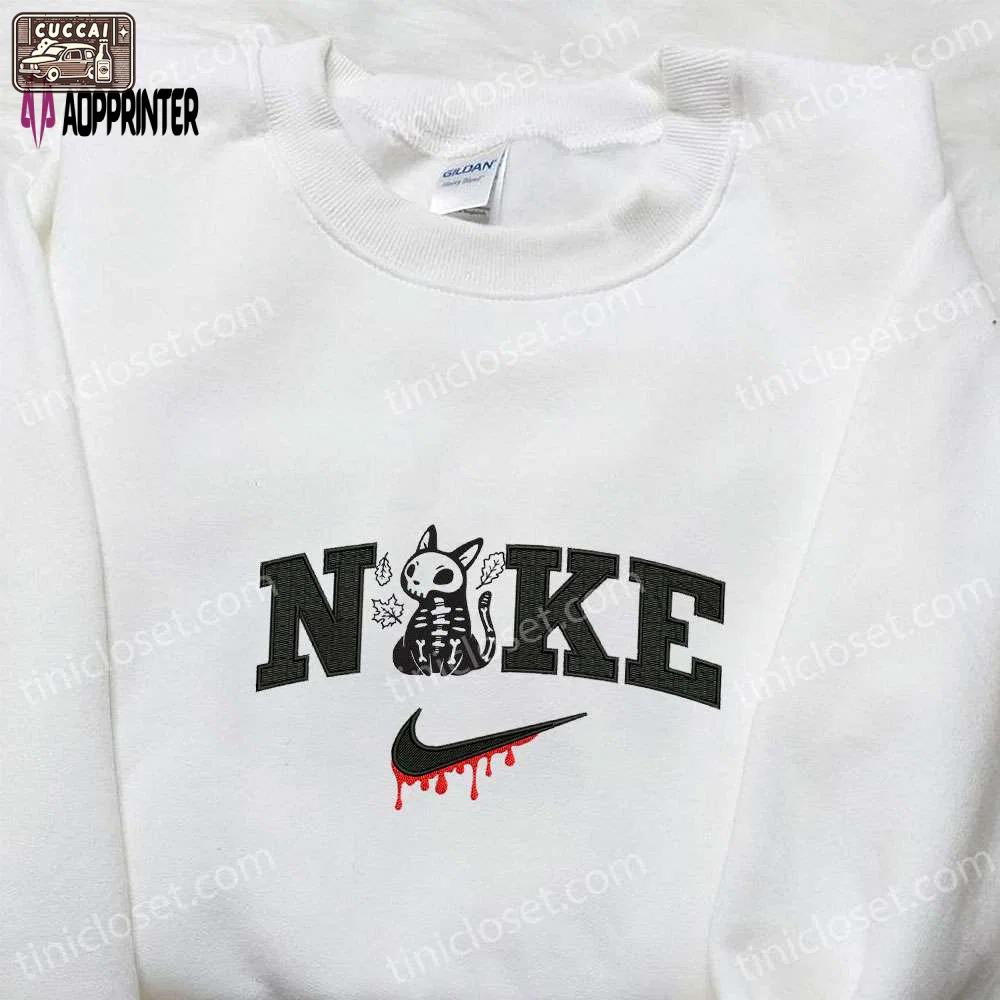 Nike x skeleton cat shirt: spooky halloween gift for nike lovers Embroidered Shirt