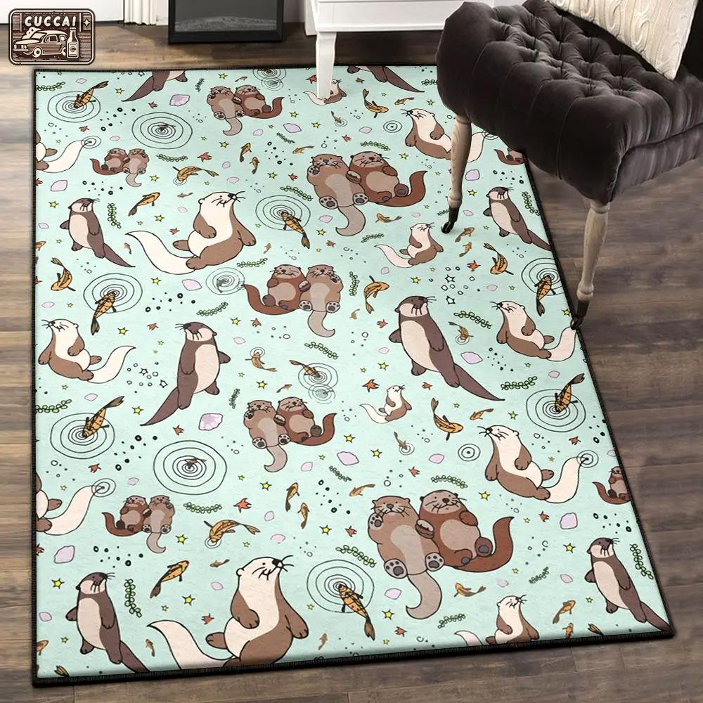 Otter dining room rug, otters in blue rug Rectangle Rug