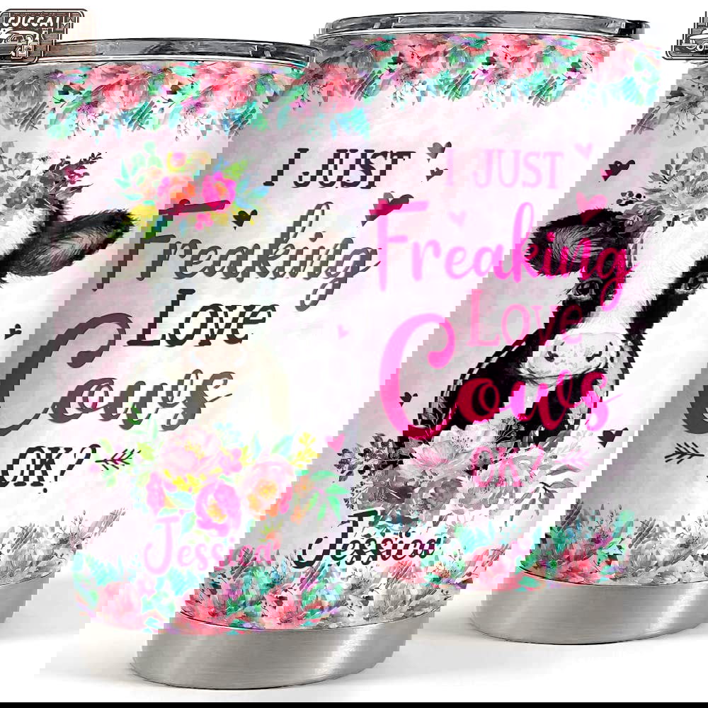 Personalized cow tumbler pink flowers freaking love cows lover gift Personalized Tumbler