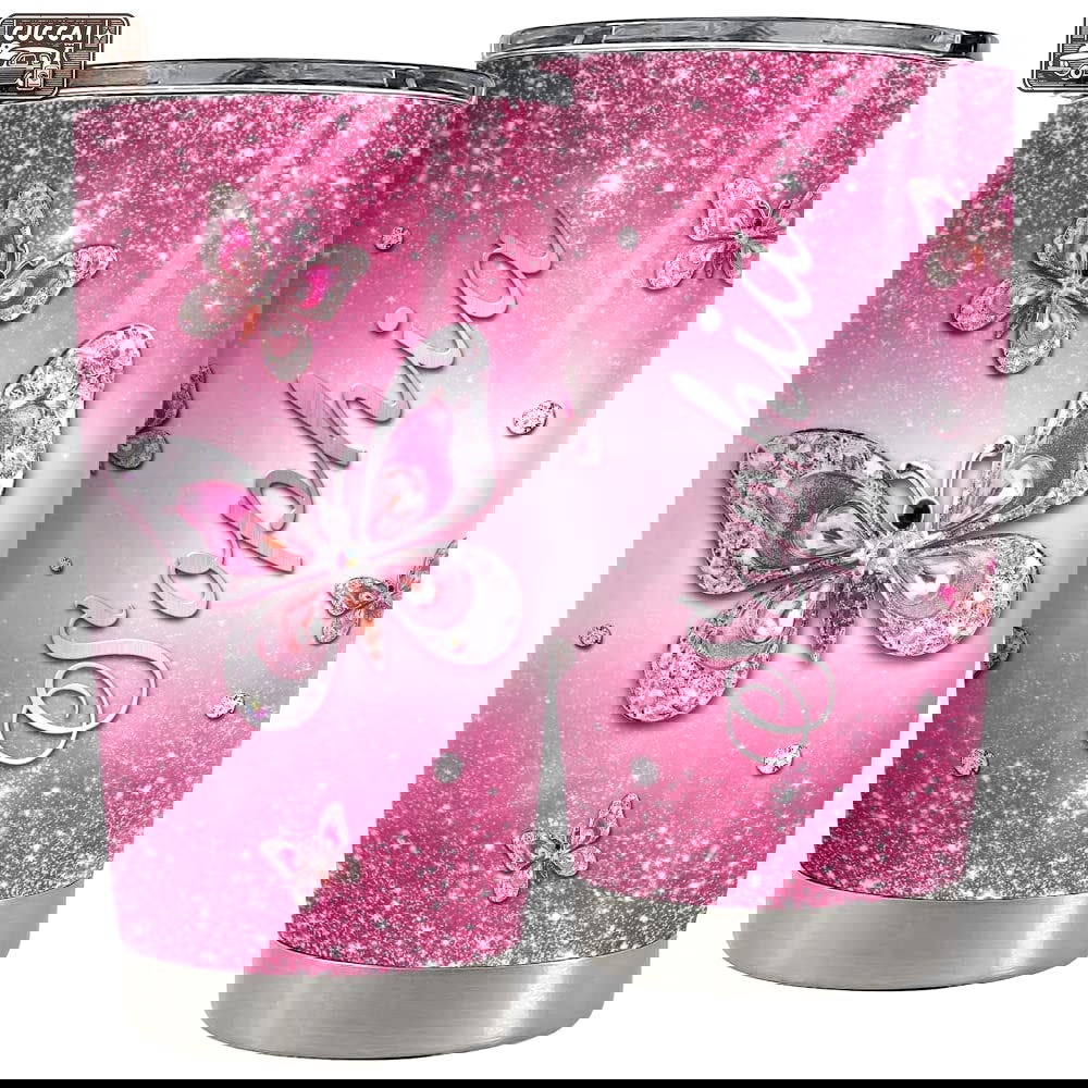 Personalized pink butterfly tumbler jewelry style for animal lover Personalized Tumbler