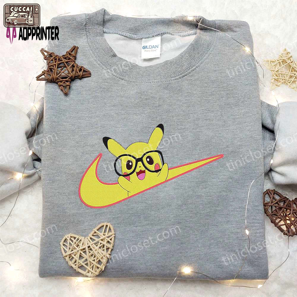 Pikachu x nike swoosh anime embroidered hoodie & pokemon nike inspired embroidered shirt Embroidered Shirt