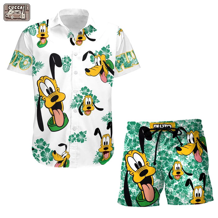 Pluto dog hibiscus summer tropical print disney hawaiian button down shirt shorts set unisex outfits Hawaii Shirt Shorts & Flip Flops